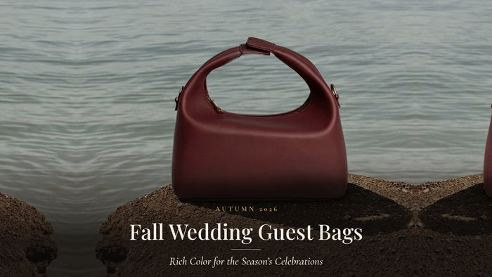 Fall Wedding Guest Bags: a burgundy handmade top-handle bag in warm autumn light, Autumn 2026 edit by Gullye
