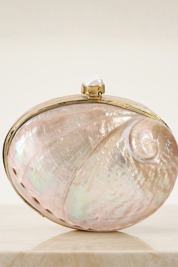A small oval clutch bag made from a natural iridescent abalone shell, framed with gold-tone metal and a gold clasp, resting on a light beige surface against a warm cream background.