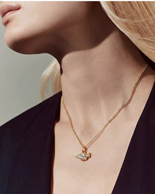 Gilded Finch Pendant, gold-tone, front view — Gullye
