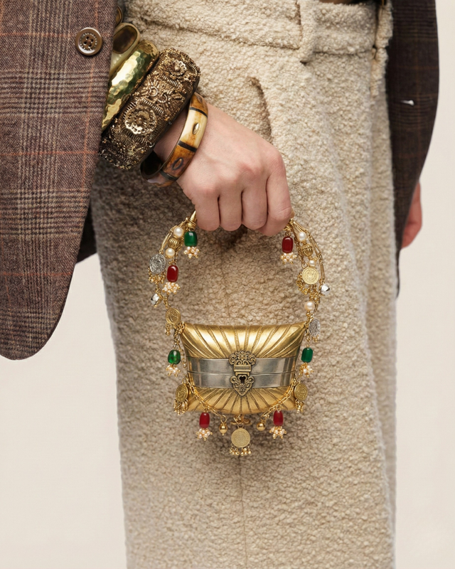 Model in a tweed blazer holds The Nomad, a two-tone brass top-handle bag with a coin-and-bead ring handle, paired with a chunky gold cuff.