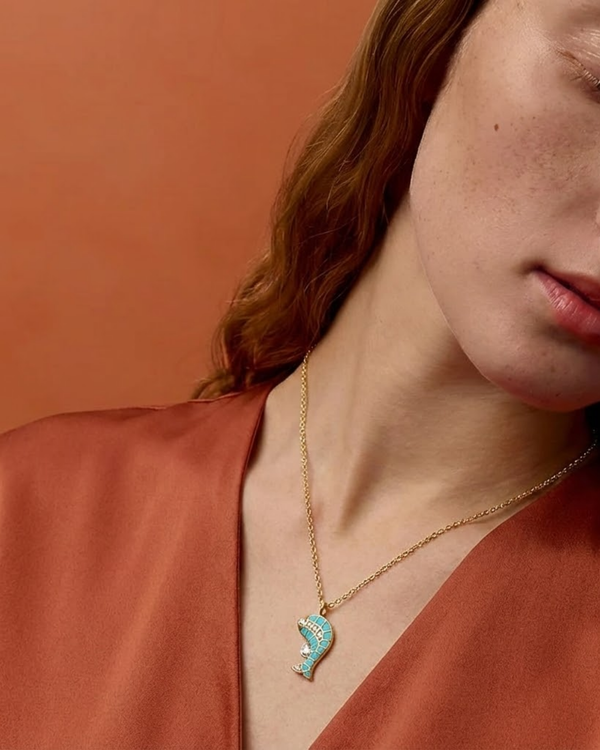 Turquoise Koi Pendant, gold-tone, front view — Gullye