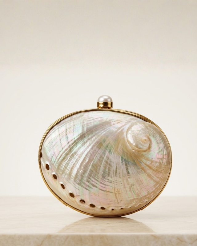 Front of The Eclat: an oval abalone-shell clutch with a gold rim, pearl clasp and perforated lower edge.
