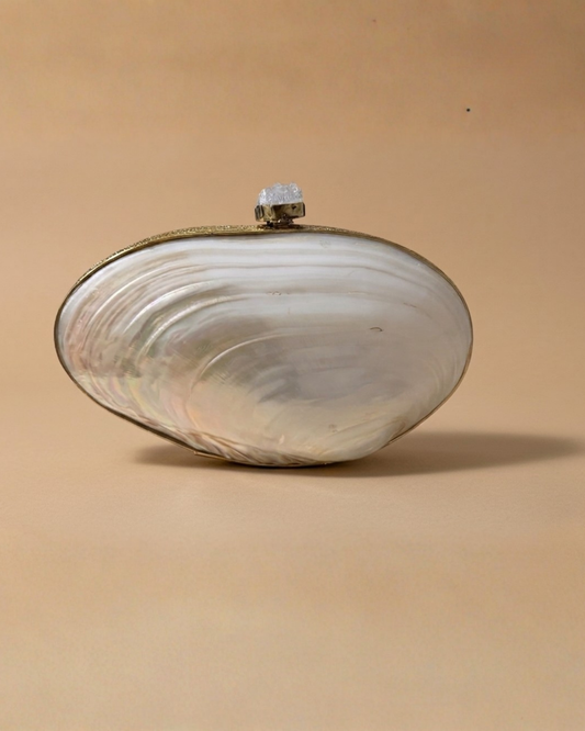 The Aurora minaudière — front view of the pearly mother-of-pearl oval shell handbag with a polished gold rim and a sparkling crystal clasp.