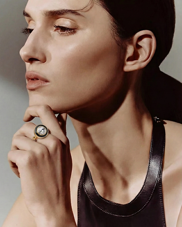 The Eclipse Statement Ring styled by a model in an editorial look