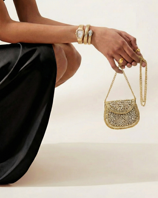 The Mosaic solid brass minaudière, front view — Gullye