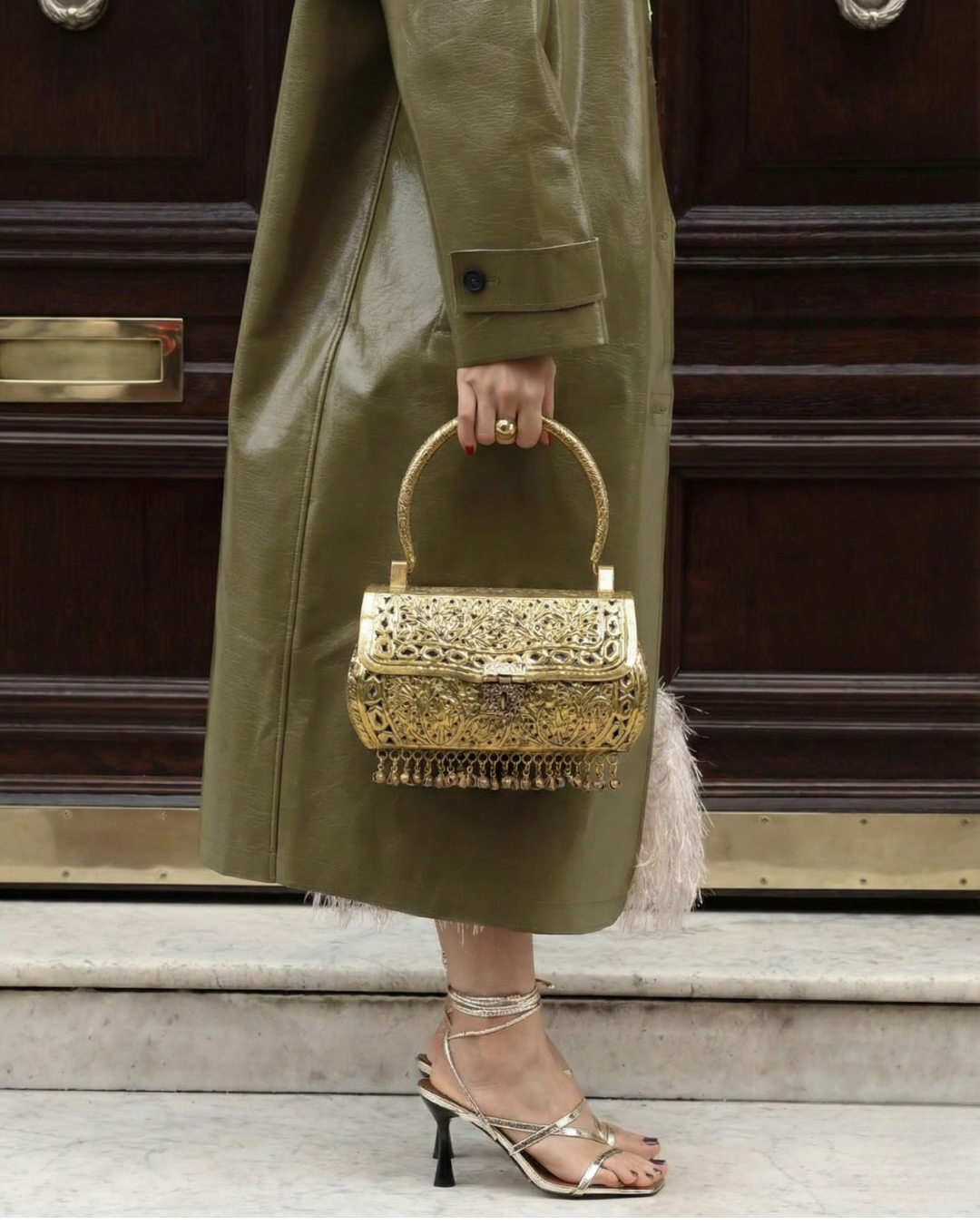 The Lattice solid brass box bag, front view — Gullye