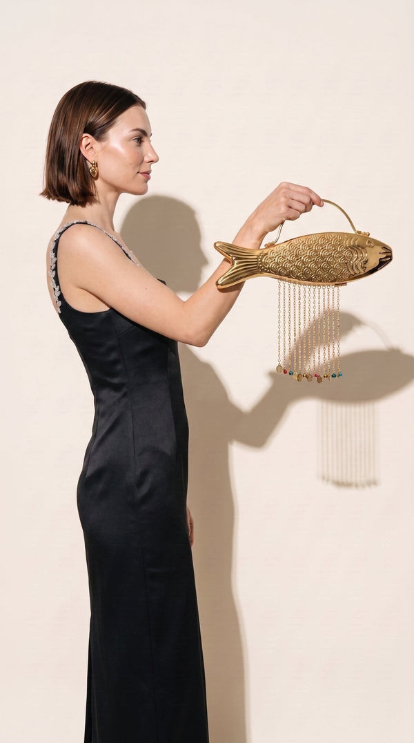 The Monsoon Fish brass clutch held out by its handle, chain fringe casting a shadow on the wall