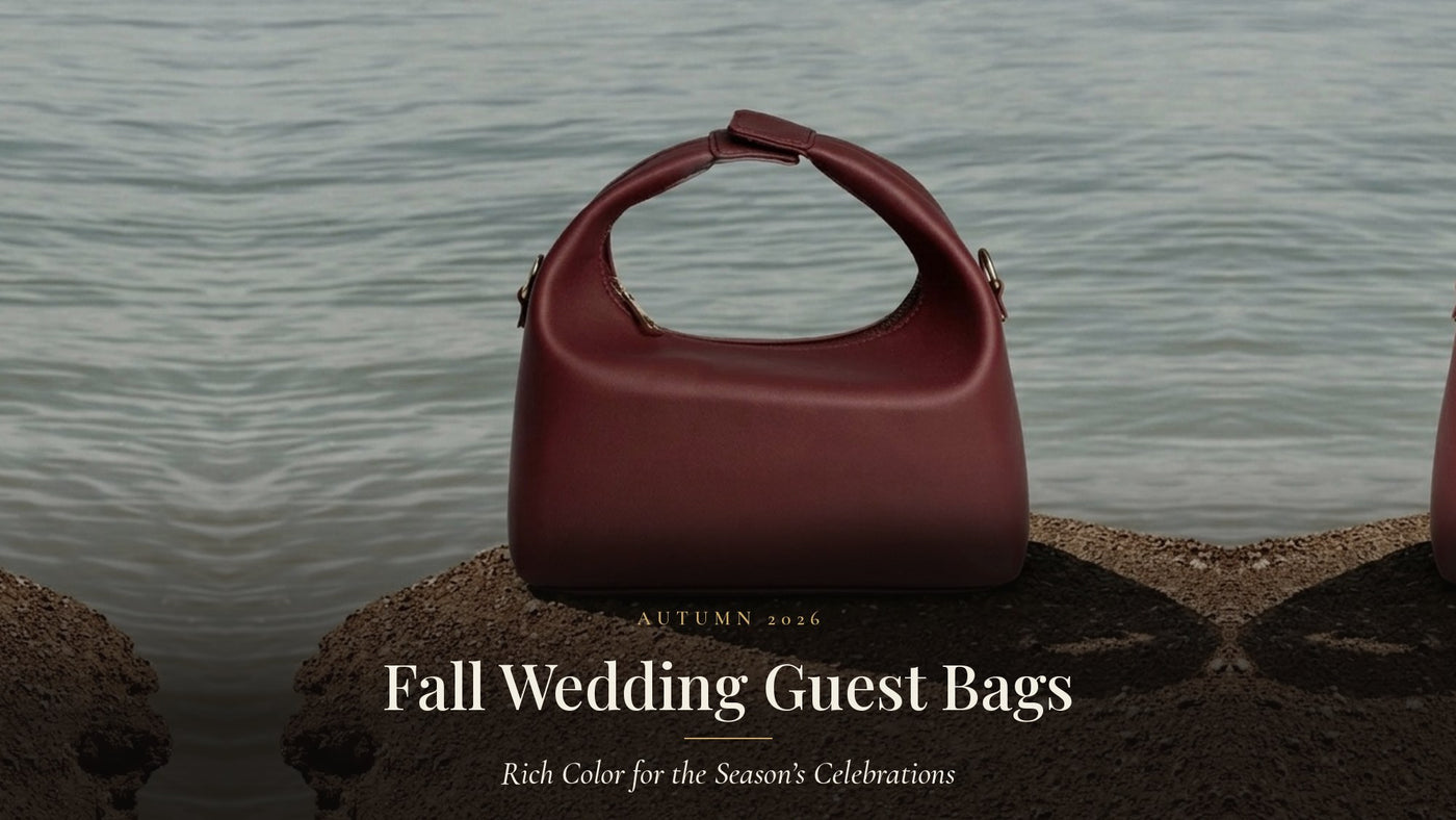 Fall Wedding Guest Bags: a burgundy handmade top-handle bag in warm autumn light, Autumn 2026 edit by Gullye
