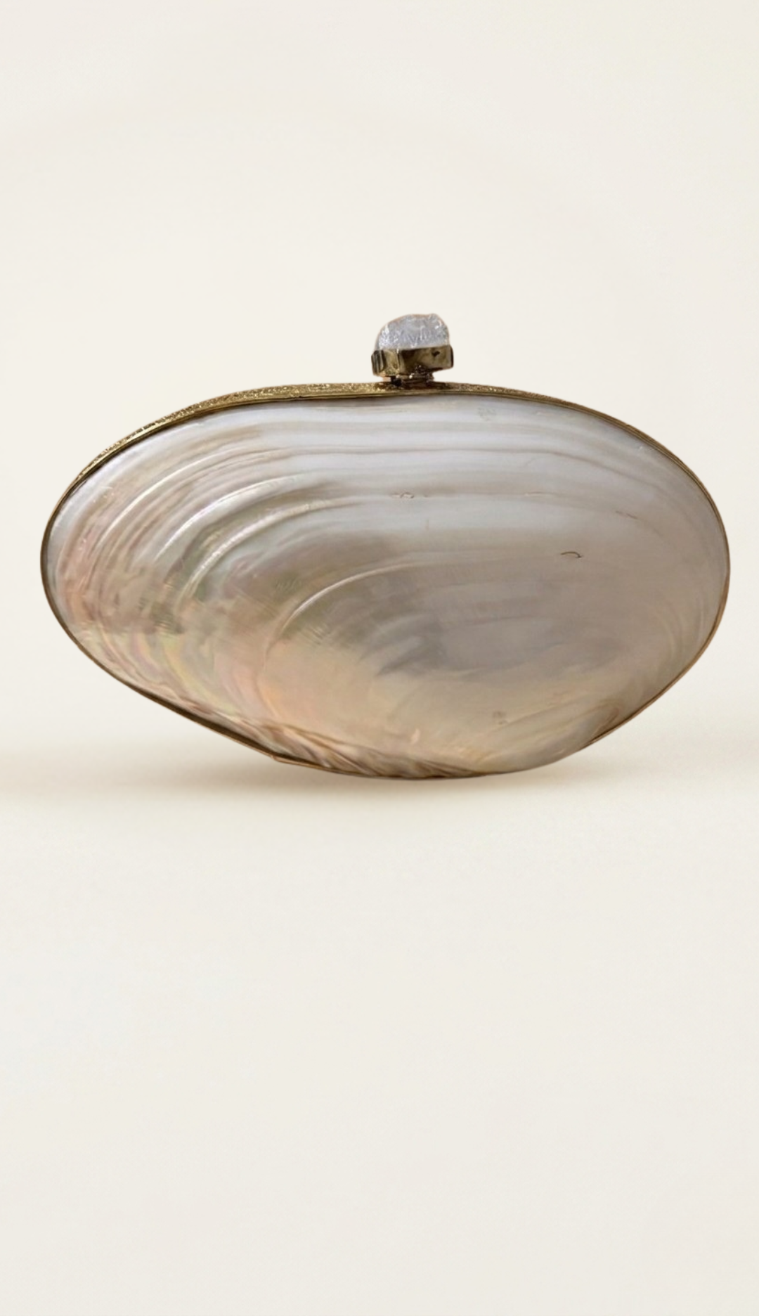 The Aurora shell clutch, three-quarter view