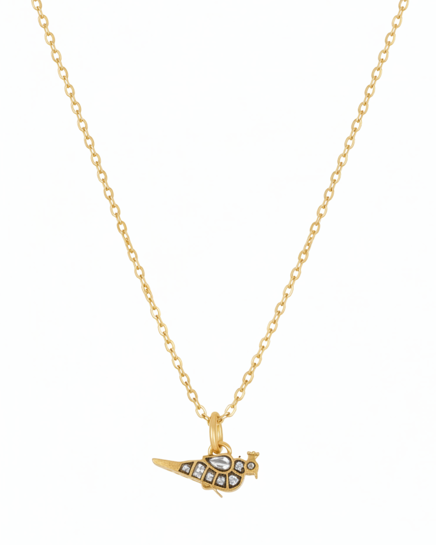 Front of The Gilded Finch Pendant: a small gold finch set with rose-cut crystal stones.