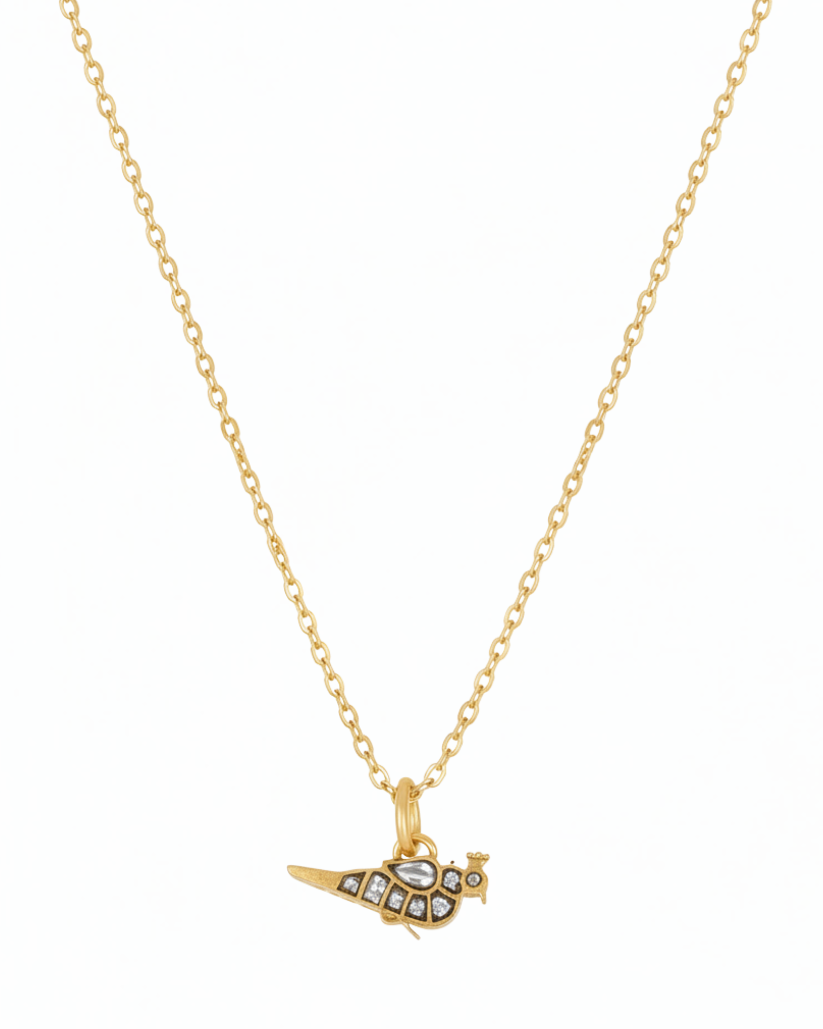 Front of The Gilded Finch Pendant: a small gold finch set with rose-cut crystal stones.