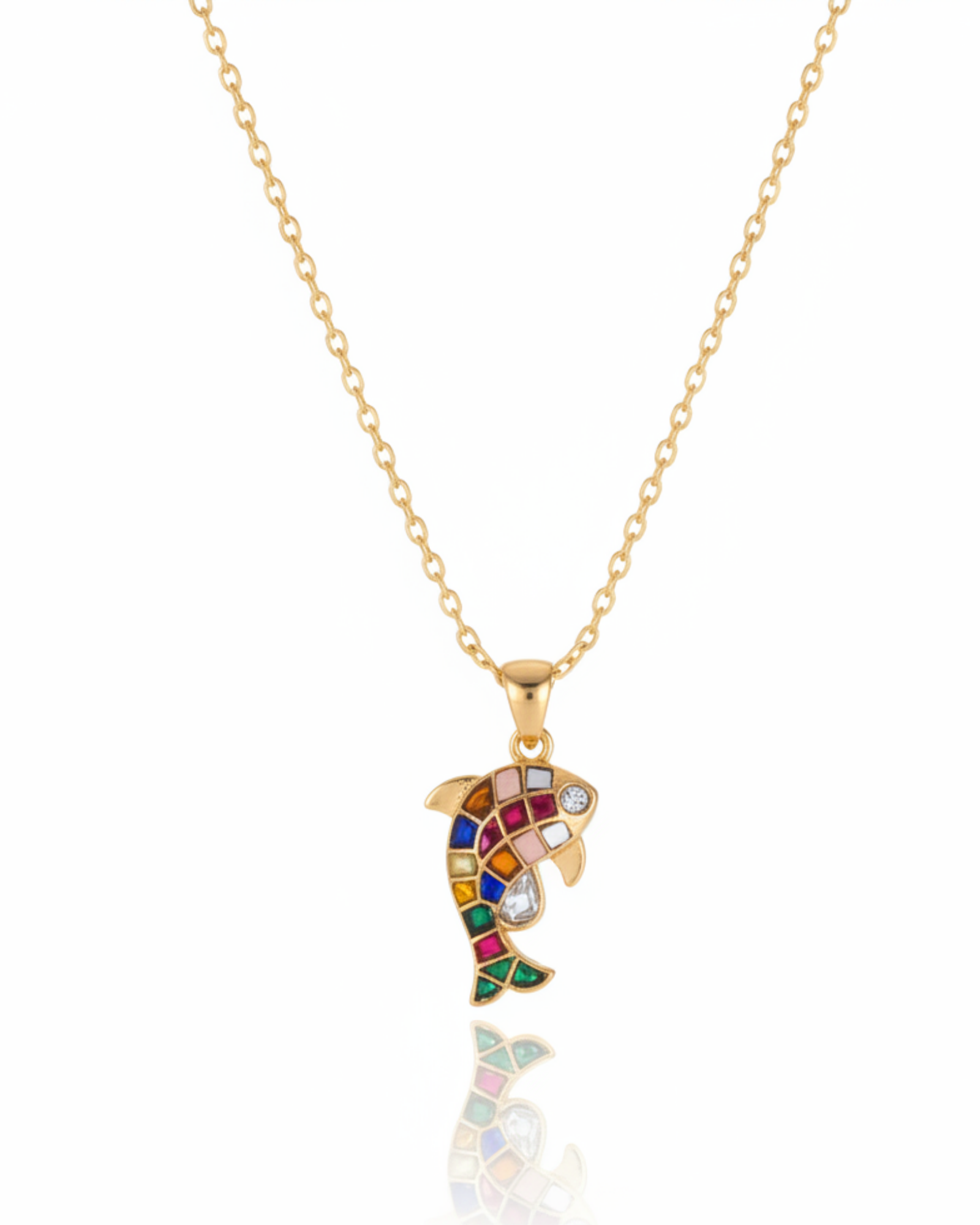 Front of The Mosaic Koi Pendant: a gold koi fish set with a mosaic of multicolored stones and a crystal eye.