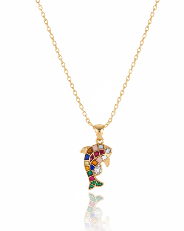 Mosaic Koi Pendant carried by a model, styled for evening