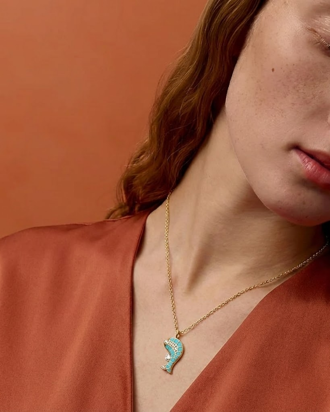 Turquoise Koi Pendant, gold-tone, front view — Gullye