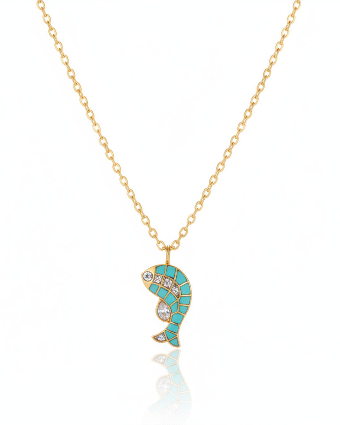 Turquoise Koi Pendant carried by a model, styled for evening