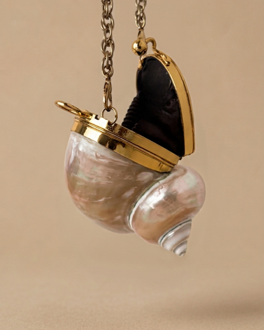 The Volute shell bag opened to reveal its dark-lined interior and hinged brass frame.