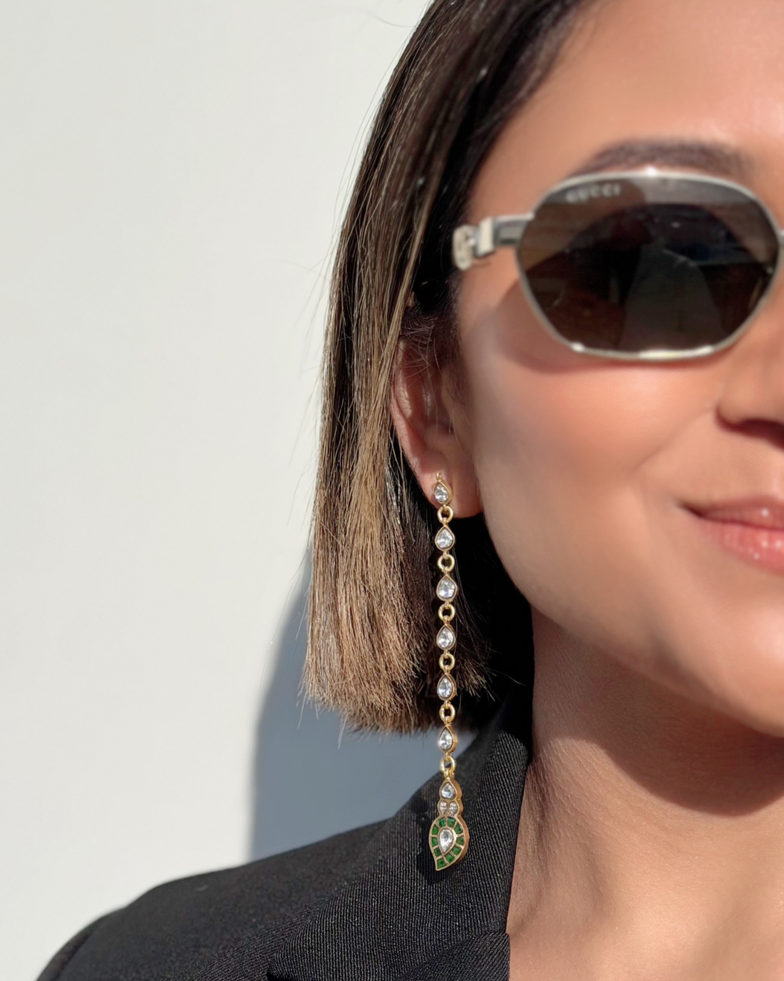 The Emerald-Tip Cascade Earrings, gold-tone, front view — Gullye