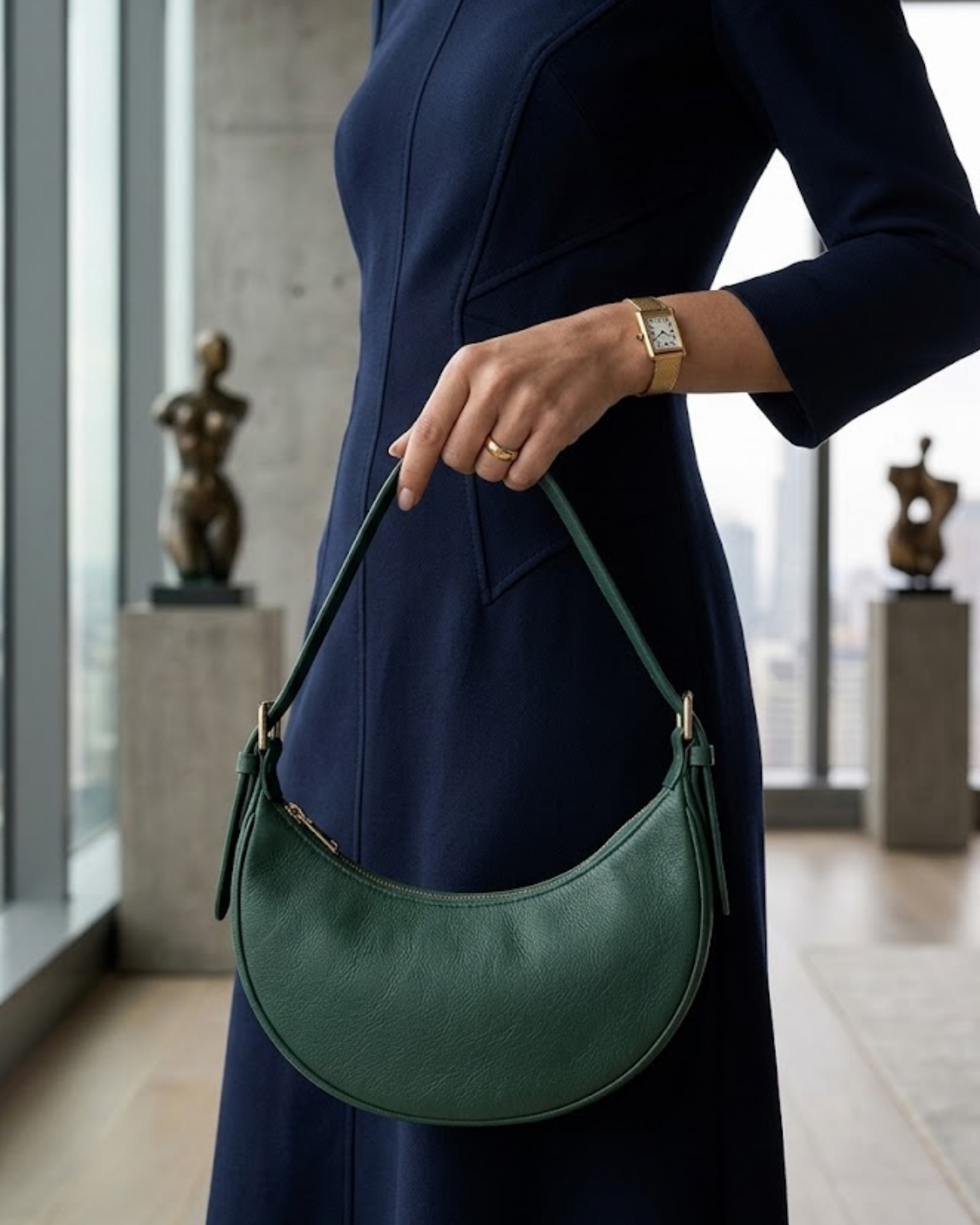 Model in a navy dress holds The Ivy, a forest-green crescent shoulder bag in smooth leather.