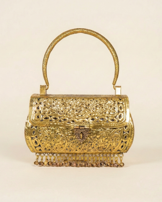 The Lattice box bag carried by a model, styled for evening