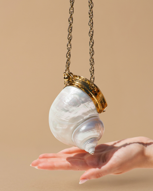 The Volute minaudière crafted from an iridescent spiral sea shell with a brass clasp and chain strap.