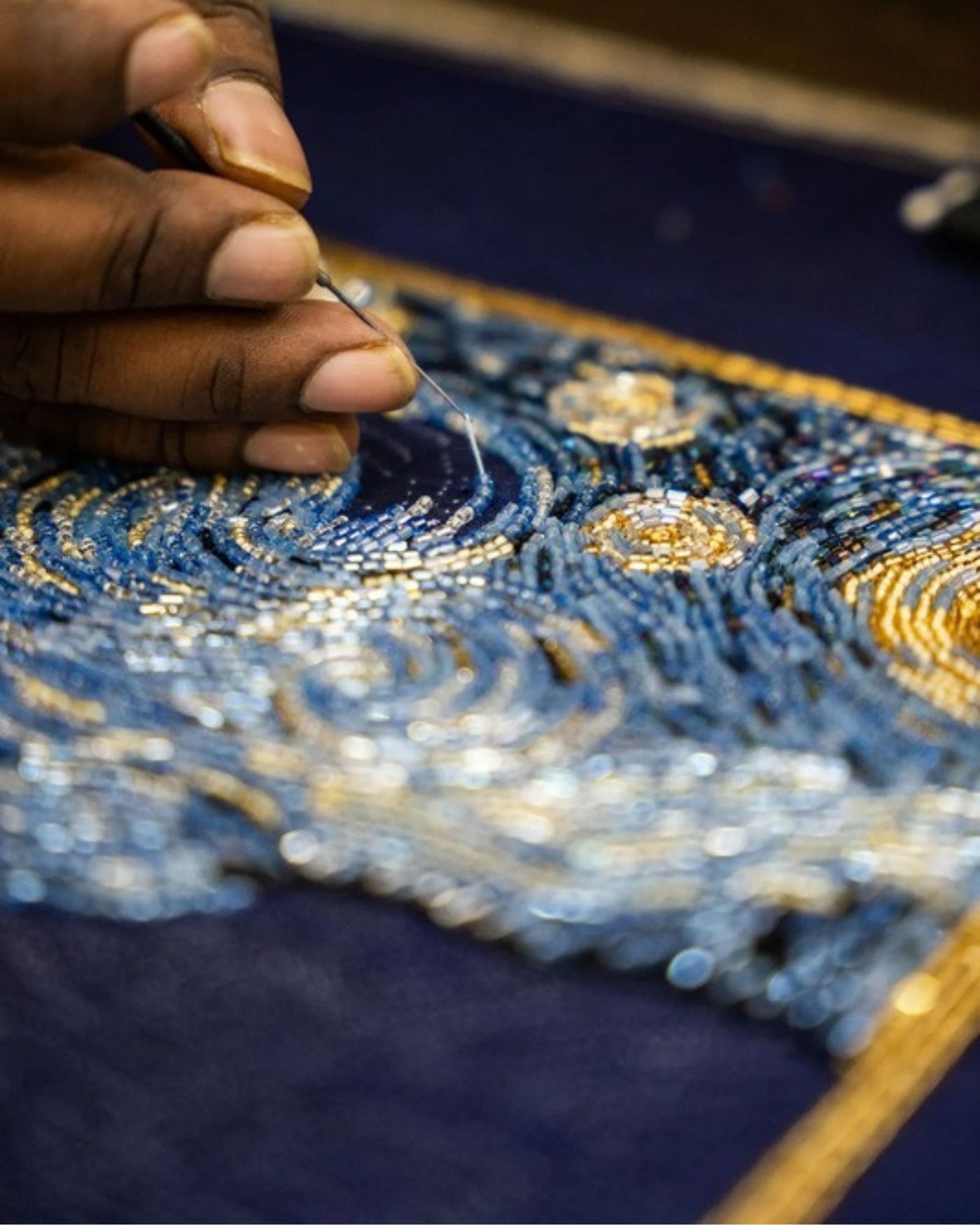 Beaded atelier: hand-beading a blue and gold design
