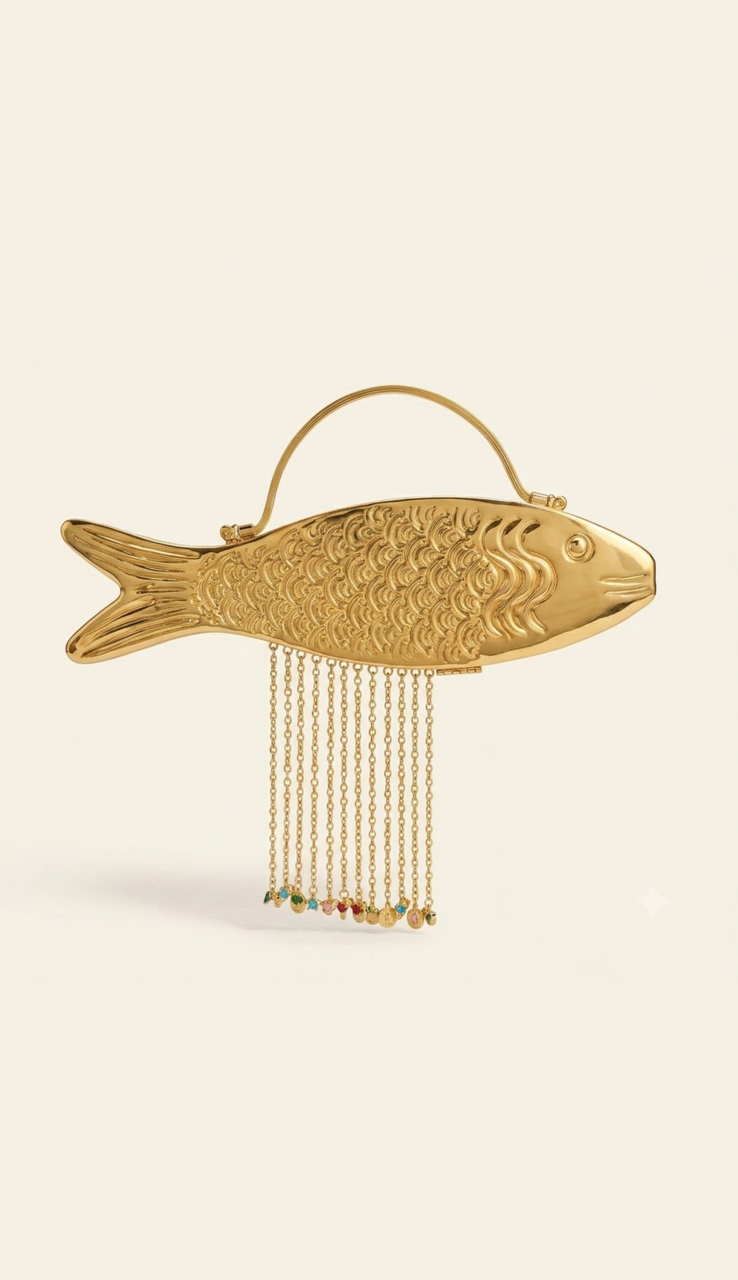 The Monsoon Fish solid brass minaudière with beaded chain fringe, front view — Gullye