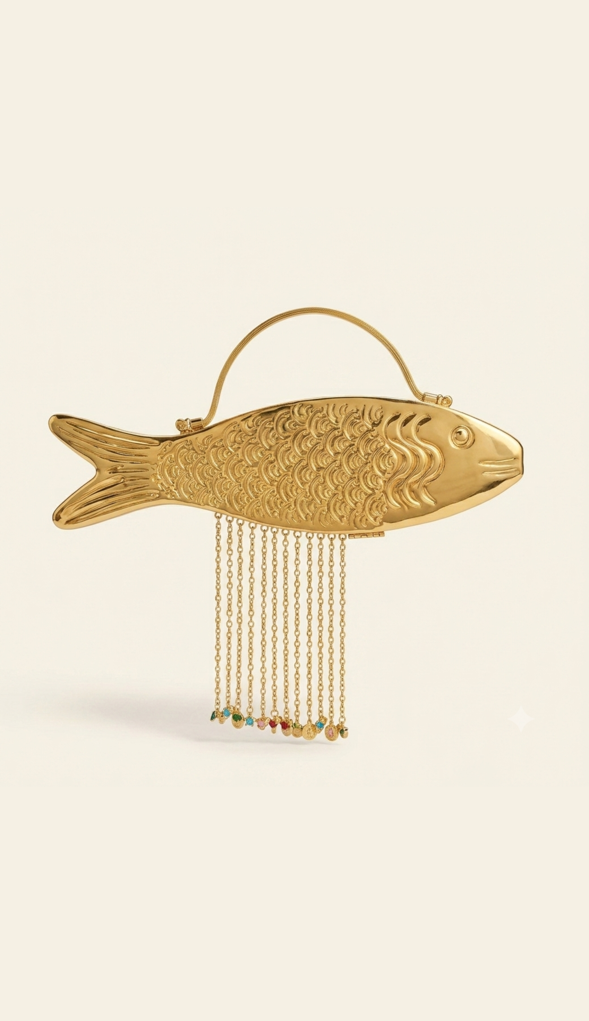 The Monsoon Fish solid brass minaudière with beaded chain fringe, front view — Gullye